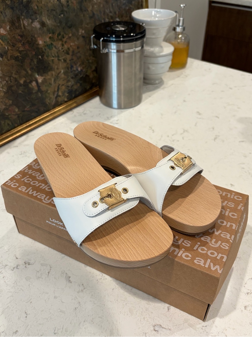 Dr. Scholl's White Leather Slide Sandals with Gold Tone Buckle